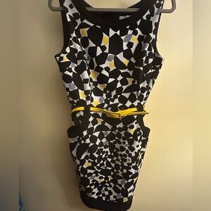 NWOT NY & CO Stylish Black & Yellow Patterned Belted Dress Sleeveless w/Pockets